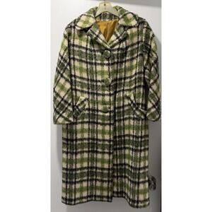 Brit Mod '60's Wool Blend Boucle Green Plaid Coat A Line /Pockets/ Gold Lining